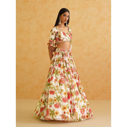 Deepika Chadha White Printed Georgette Lehenga with Blouse and Dupatta (Set of 3)