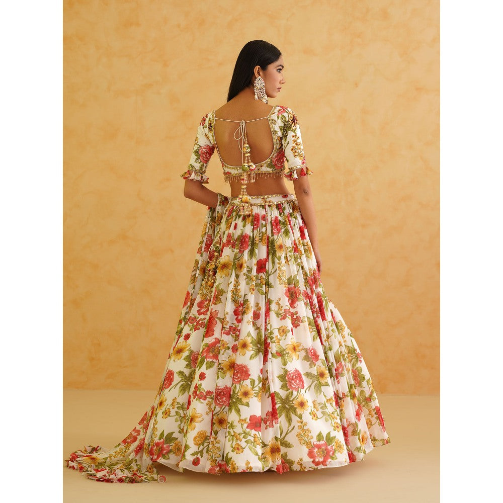 Deepika Chadha White Printed Georgette Lehenga with Blouse and Dupatta (Set of 3)