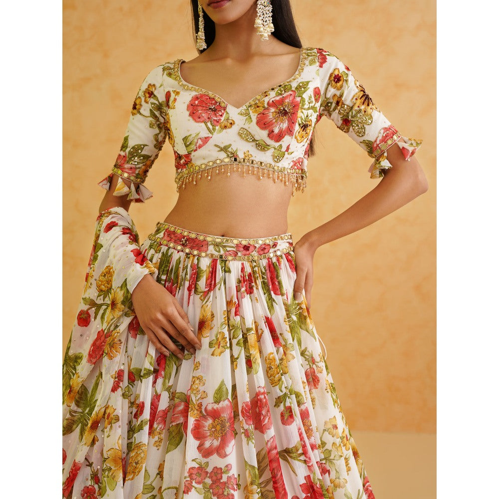 Deepika Chadha White Printed Georgette Lehenga with Blouse and Dupatta (Set of 3)