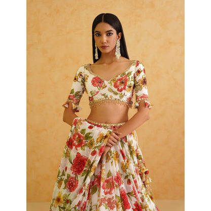 Deepika Chadha White Printed Georgette Lehenga with Blouse and Dupatta (Set of 3)