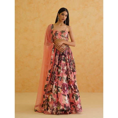 Deepika Chadha Pink Printed Georgette Lehenga with Blouse and Dupatta (Set of 3)