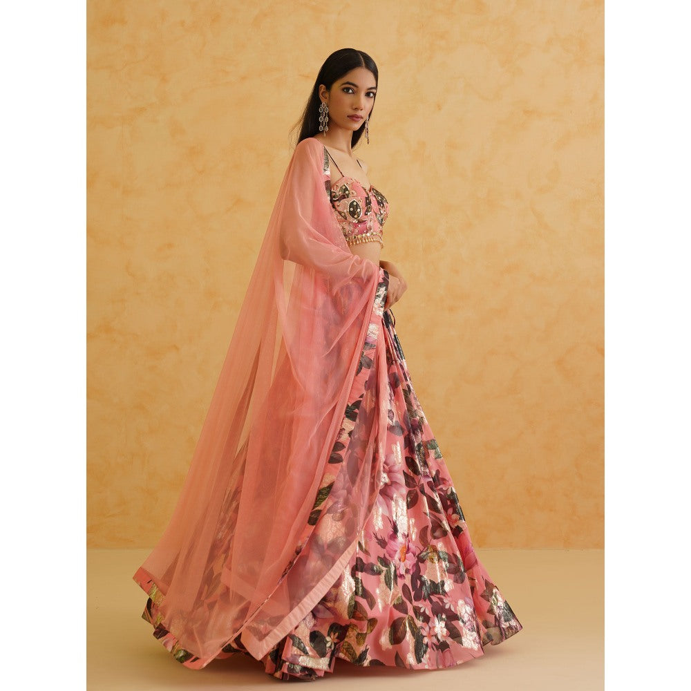 Deepika Chadha Pink Printed Georgette Lehenga with Blouse and Dupatta (Set of 3)
