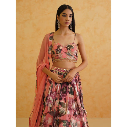 Deepika Chadha Pink Printed Georgette Lehenga with Blouse and Dupatta (Set of 3)