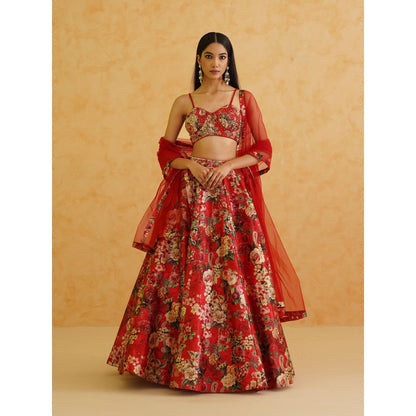 Deepika Chadha Red Printed Georgette Lehenga with Blouse and Dupatta (Set of 3)