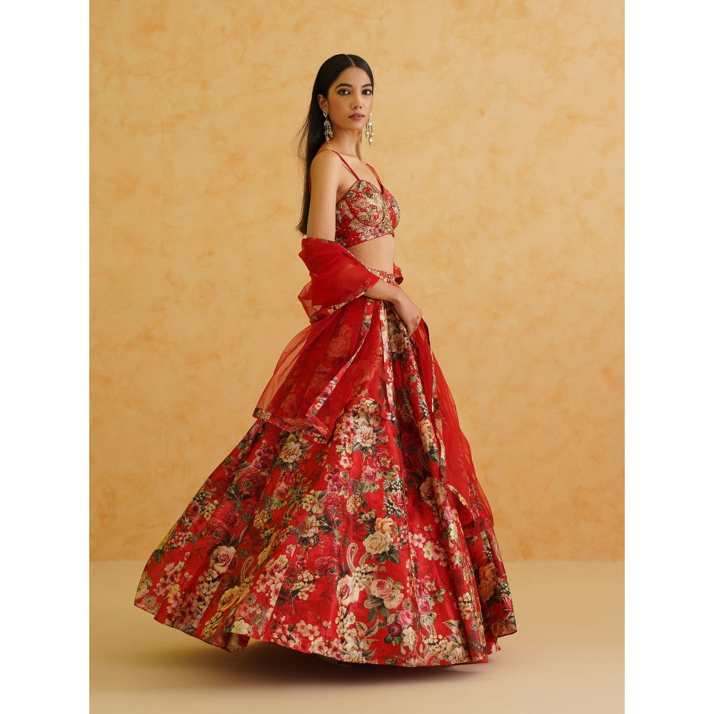 Deepika Chadha Red Printed Georgette Lehenga with Blouse and Dupatta (Set of 3)