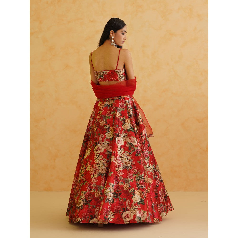 Deepika Chadha Red Printed Georgette Lehenga with Blouse and Dupatta (Set of 3)