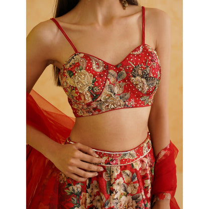Deepika Chadha Red Printed Georgette Lehenga with Blouse and Dupatta (Set of 3)