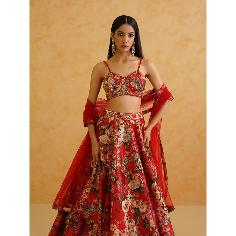 Deepika Chadha Red Printed Georgette Lehenga with Blouse and Dupatta (Set of 3)