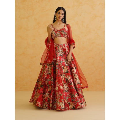 Deepika Chadha Red Printed Georgette Lehenga with Blouse and Dupatta (Set of 3)