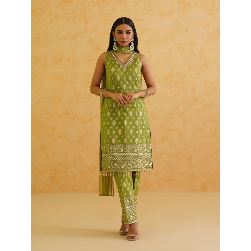 Deepika Chadha Green Brocade Kurta with Pant and Dupatta (Set of 3)