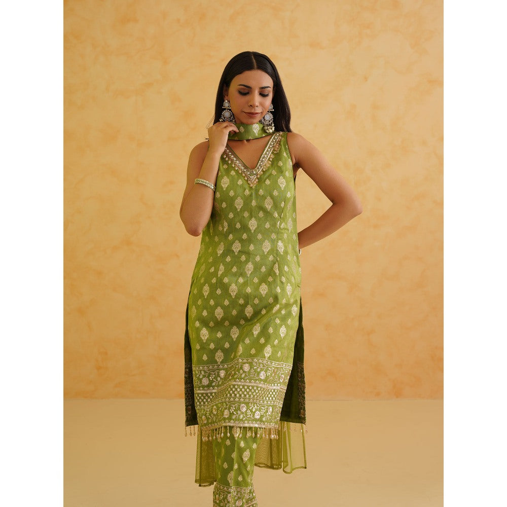 Deepika Chadha Green Brocade Kurta with Pant and Dupatta (Set of 3)