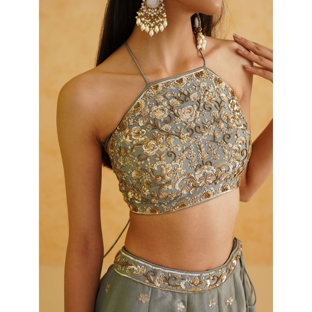 Deepika Chadha Grey Georgette Tissue Lehenga with Blouse and Dupatta (Set of 3)