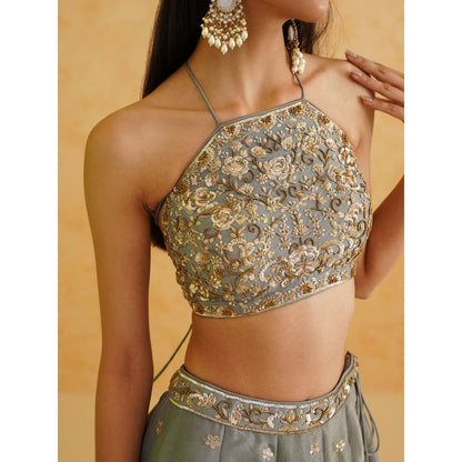 Deepika Chadha Grey Georgette Tissue Lehenga with Blouse and Dupatta (Set of 3)