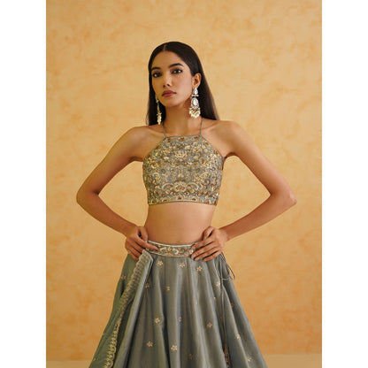 Deepika Chadha Grey Georgette Tissue Lehenga with Blouse and Dupatta (Set of 3)