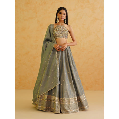 Deepika Chadha Grey Georgette Tissue Lehenga with Blouse and Dupatta (Set of 3)