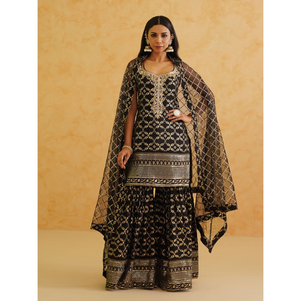 Deepika Chadha Black Brocade Kurti with Sharara and Dupatta (Set of 3)