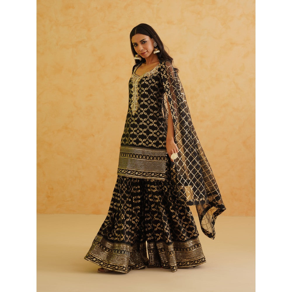 Deepika Chadha Black Brocade Kurti with Sharara and Dupatta (Set of 3)