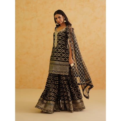 Deepika Chadha Black Brocade Kurti with Sharara and Dupatta (Set of 3)