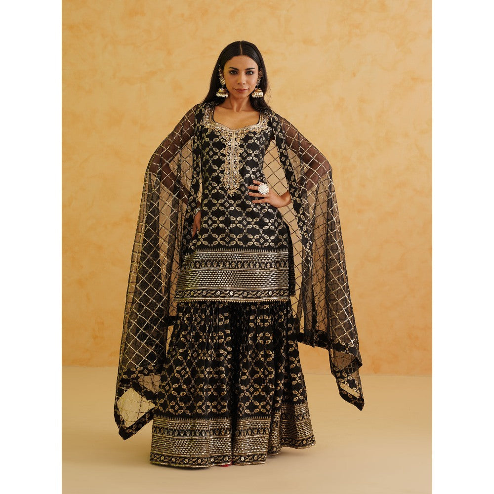 Deepika Chadha Black Brocade Kurti with Sharara and Dupatta (Set of 3)