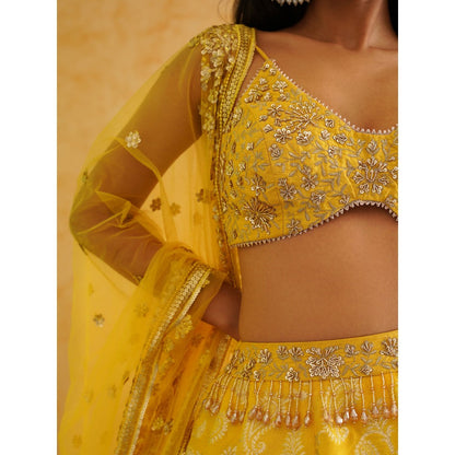 Deepika Chadha Yellow Brocade Lehenga with Blouse and Dupatta (Set of 3)