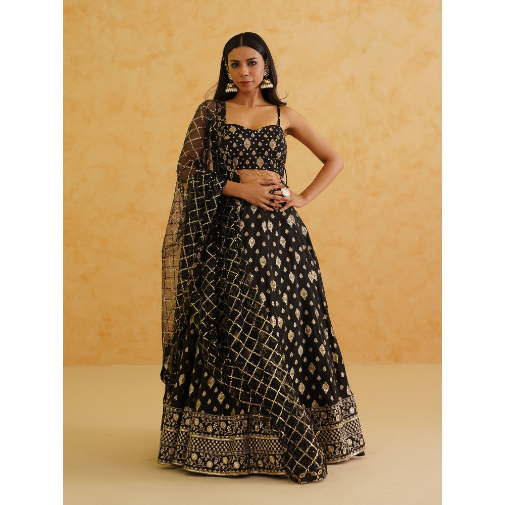 Deepika Chadha Black Brocade Lehenga with Blouse and Dupatta (Set of 3)