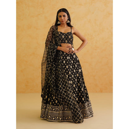 Deepika Chadha Black Brocade Lehenga with Blouse and Dupatta (Set of 3)