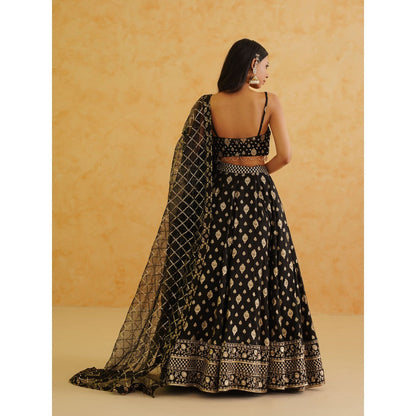 Deepika Chadha Black Brocade Lehenga with Blouse and Dupatta (Set of 3)