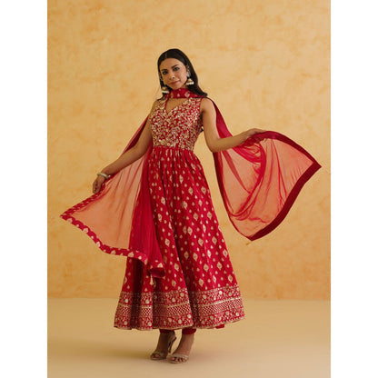 Deepika Chadha Red Brocade Anarkali with Churidar and Dupatta (Set of 3)