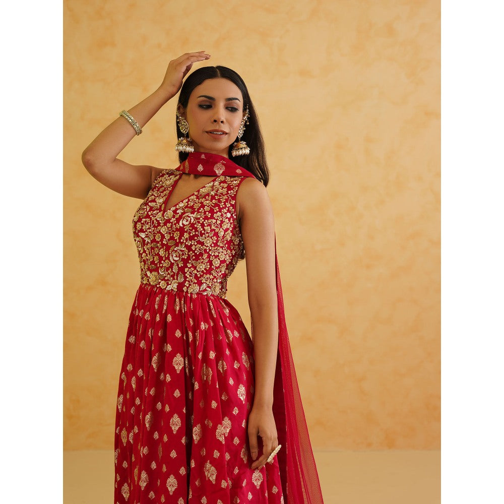 Deepika Chadha Red Brocade Anarkali with Churidar and Dupatta (Set of 3)