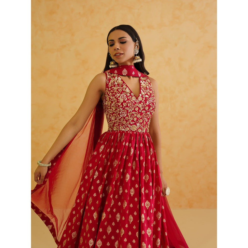 Deepika Chadha Red Brocade Anarkali with Churidar and Dupatta (Set of 3)