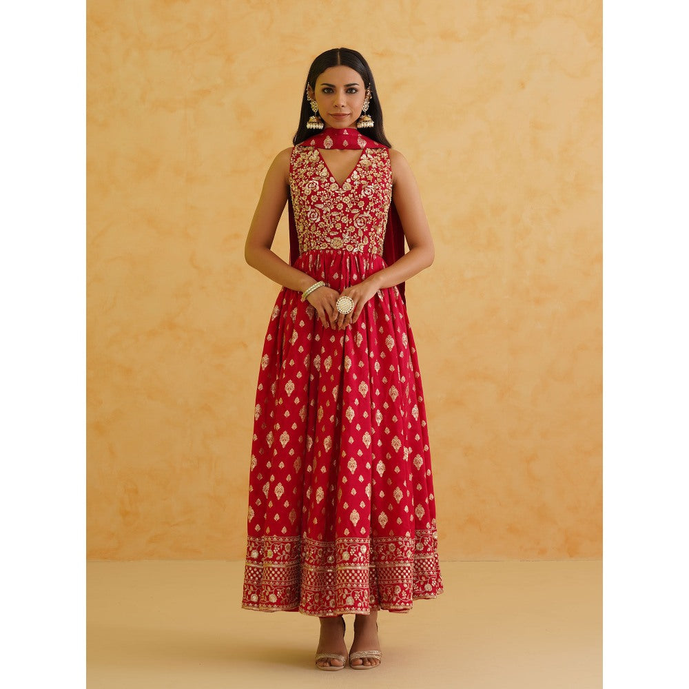 Deepika Chadha Red Brocade Anarkali with Churidar and Dupatta (Set of 3)