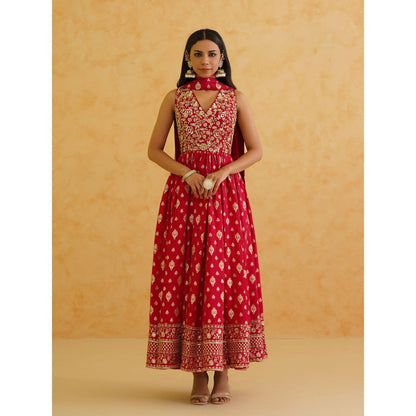 Deepika Chadha Red Brocade Anarkali with Churidar and Dupatta (Set of 3)