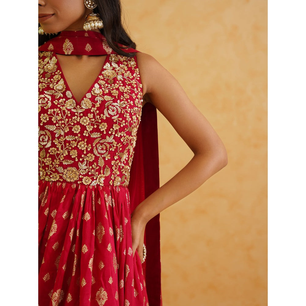 Deepika Chadha Red Brocade Anarkali with Churidar and Dupatta (Set of 3)