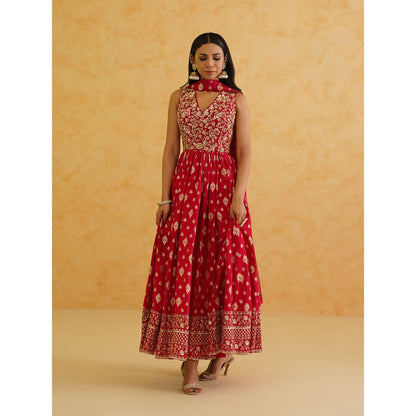 Deepika Chadha Red Brocade Anarkali with Churidar and Dupatta (Set of 3)