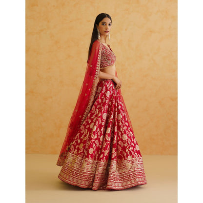 Deepika Chadha Pink Brocade Lehenga with Blouse and Dupatta (Set of 3)