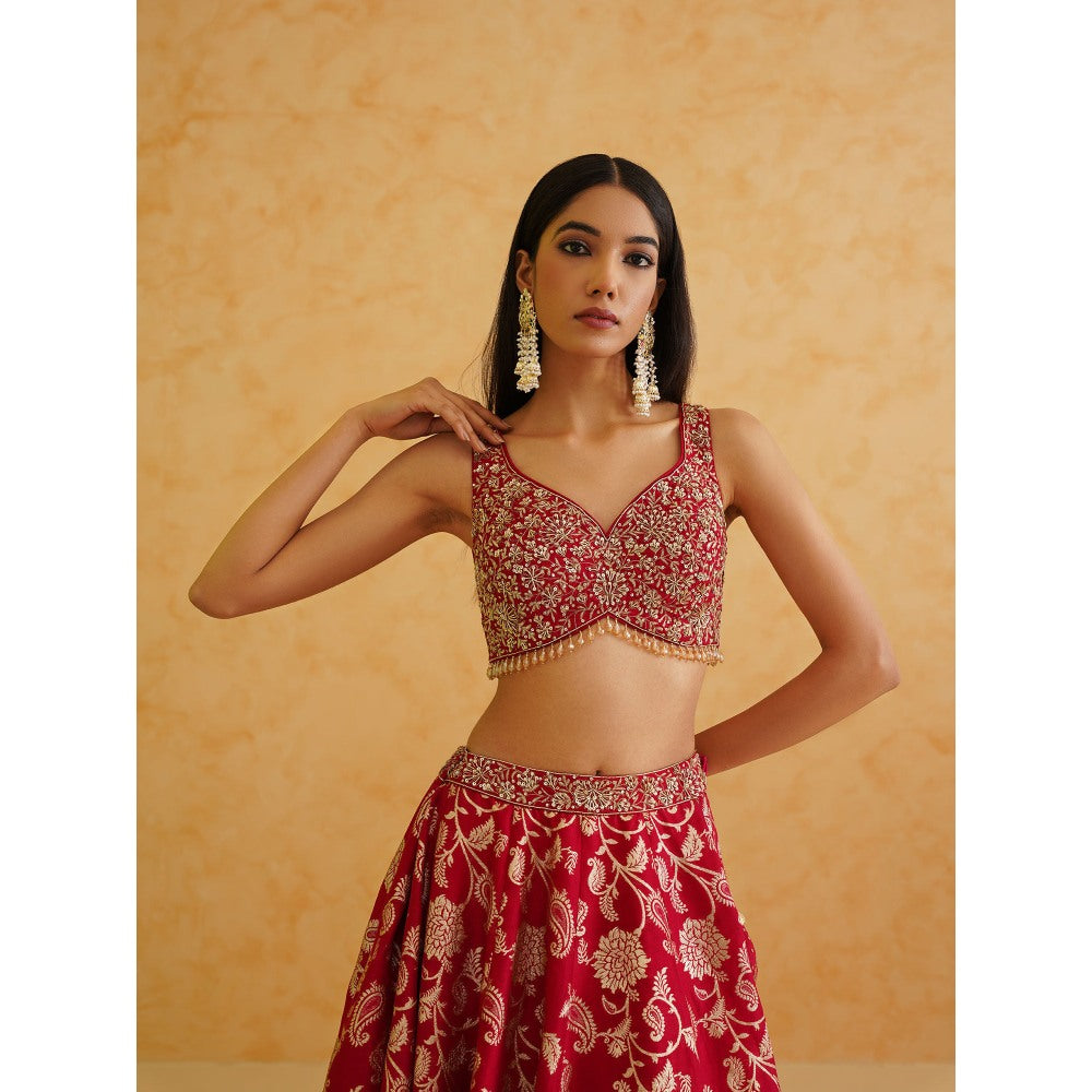 Deepika Chadha Pink Brocade Lehenga with Blouse and Dupatta (Set of 3)