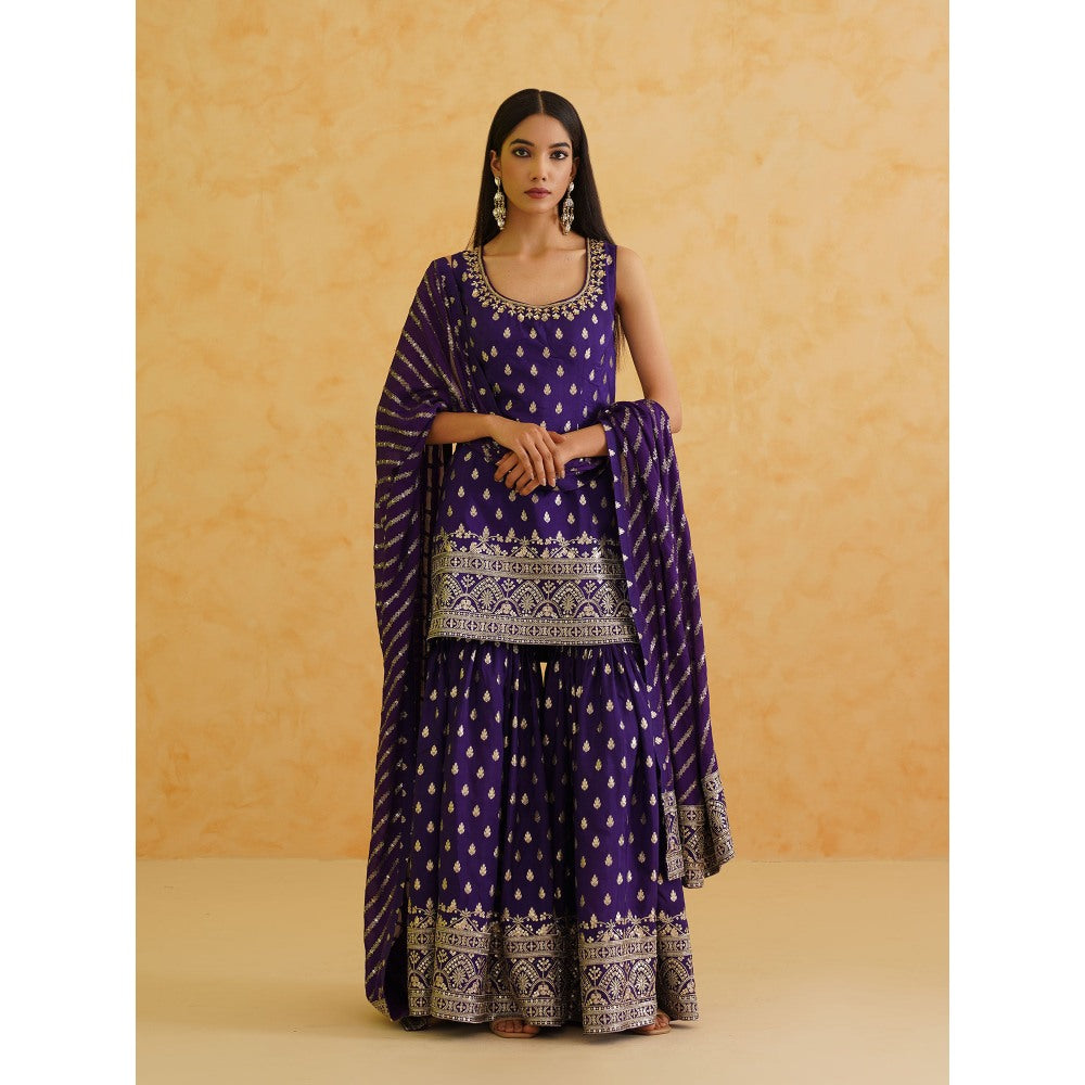 Deepika Chadha Purple Brocade Kurti with Sharara and Dupatta (Set of 3)