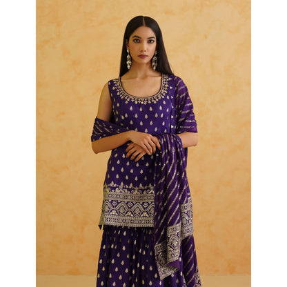 Deepika Chadha Purple Brocade Kurti with Sharara and Dupatta (Set of 3)