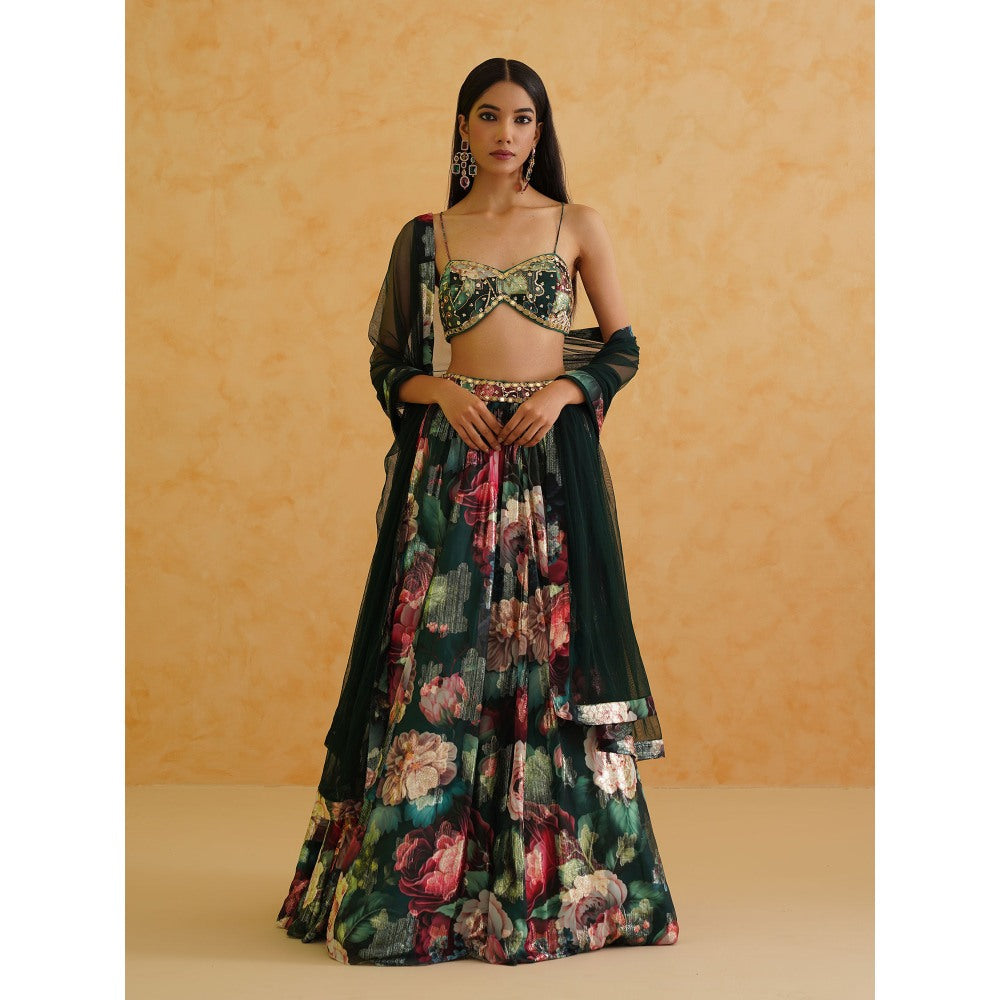 Deepika Chadha Green Printed Georgette Lehenga with Blouse and Dupatta (Set of 3)