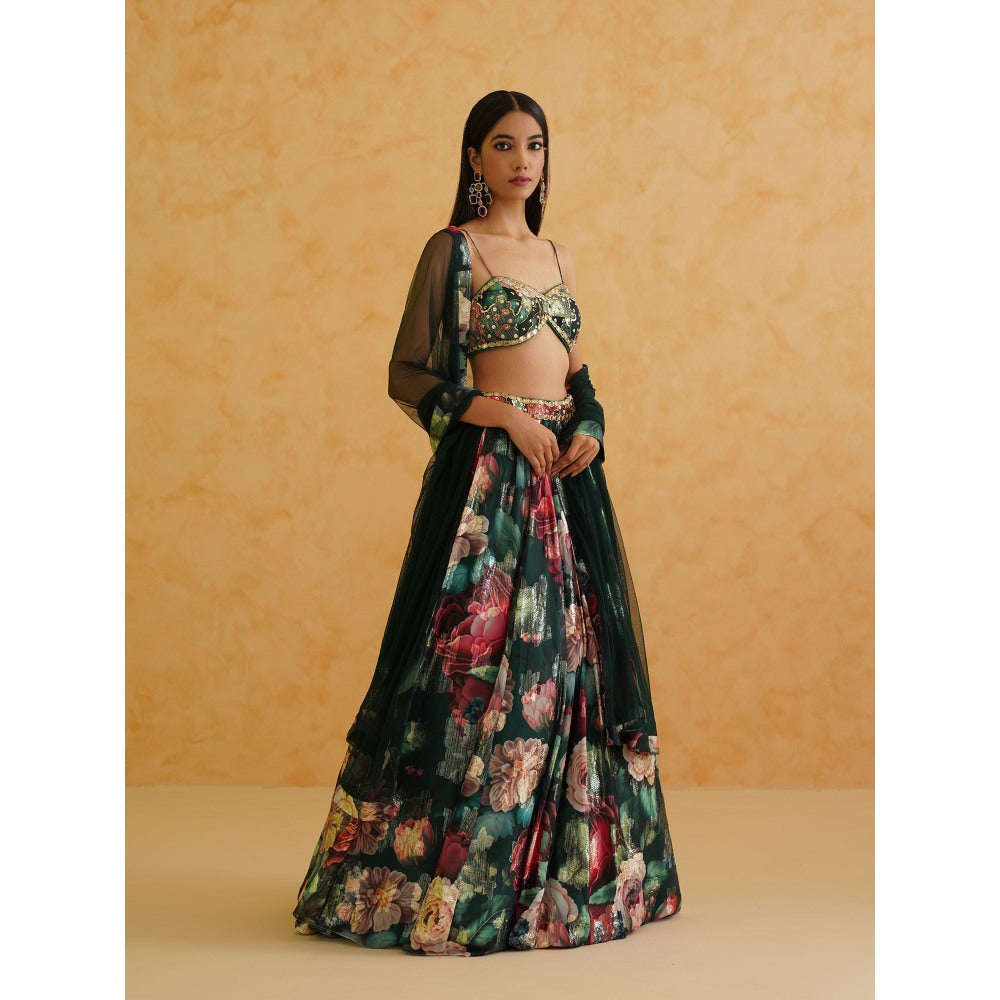 Deepika Chadha Green Printed Georgette Lehenga with Blouse and Dupatta (Set of 3)