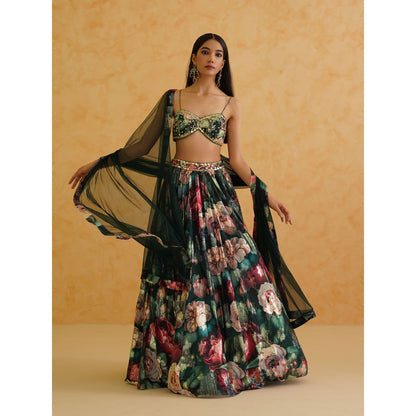 Deepika Chadha Green Printed Georgette Lehenga with Blouse and Dupatta (Set of 3)