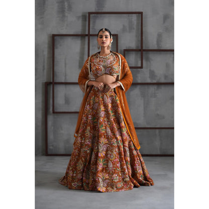 Deepika Chadha Orange Printed Blouse with Lehenga and Dupatta (Set of 3)