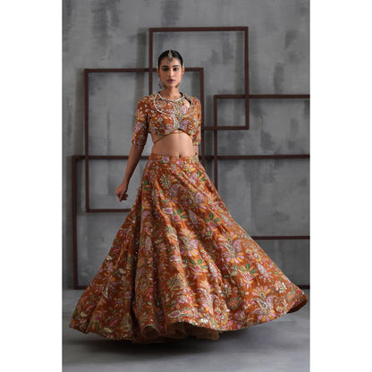Deepika Chadha Orange Printed Blouse with Lehenga and Dupatta (Set of 3)