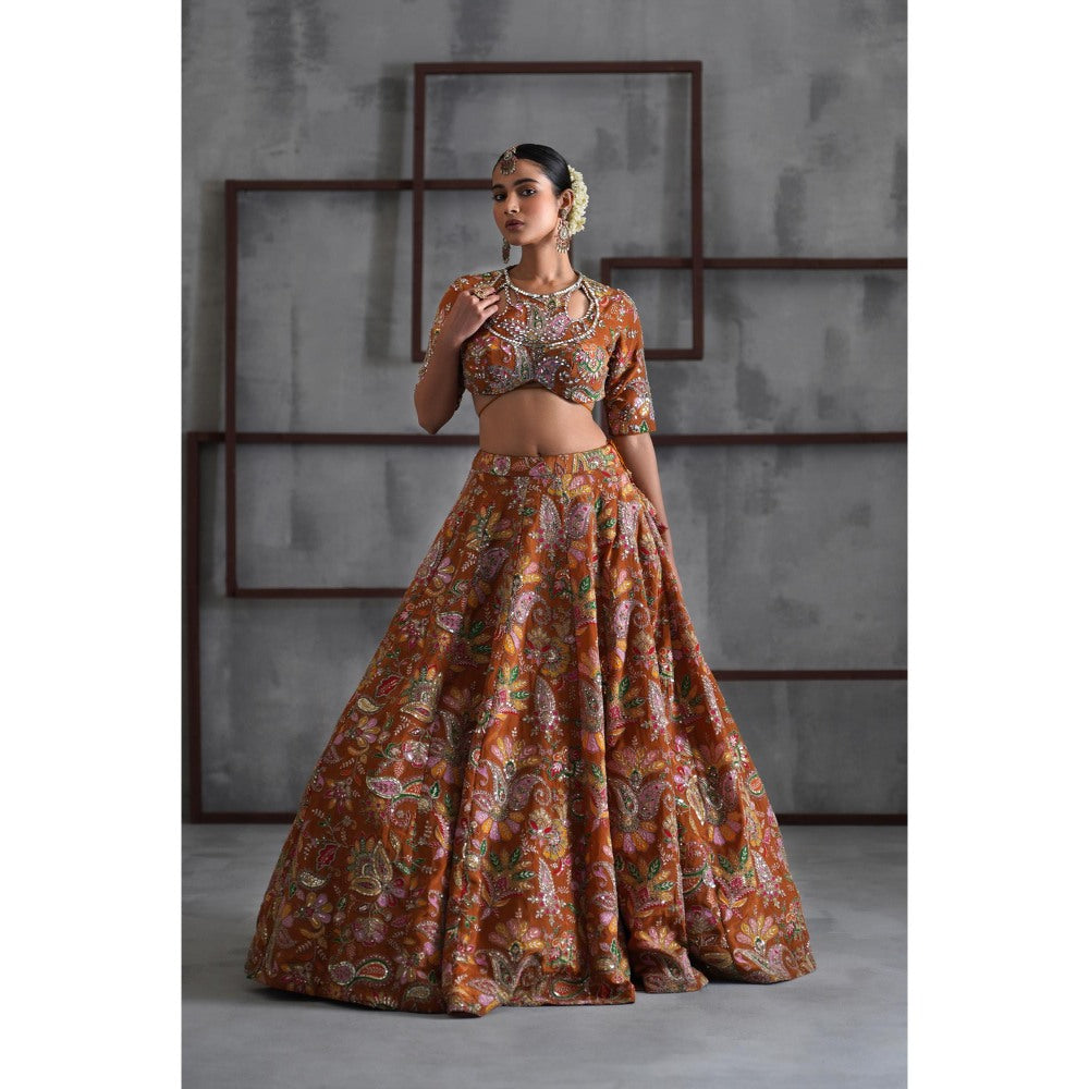 Deepika Chadha Orange Printed Blouse with Lehenga and Dupatta (Set of 3)