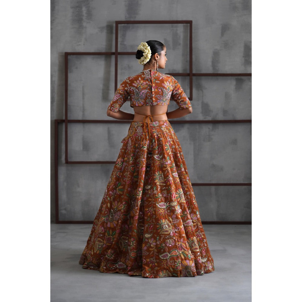 Deepika Chadha Orange Printed Blouse with Lehenga and Dupatta (Set of 3)