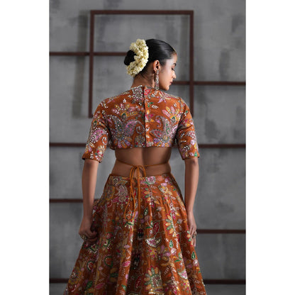Deepika Chadha Orange Printed Blouse with Lehenga and Dupatta (Set of 3)