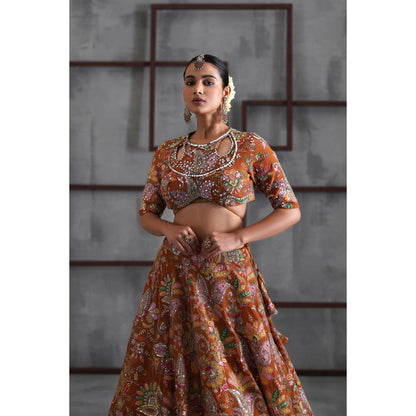 Deepika Chadha Orange Printed Blouse with Lehenga and Dupatta (Set of 3)