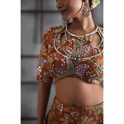 Deepika Chadha Orange Printed Blouse with Lehenga and Dupatta (Set of 3)