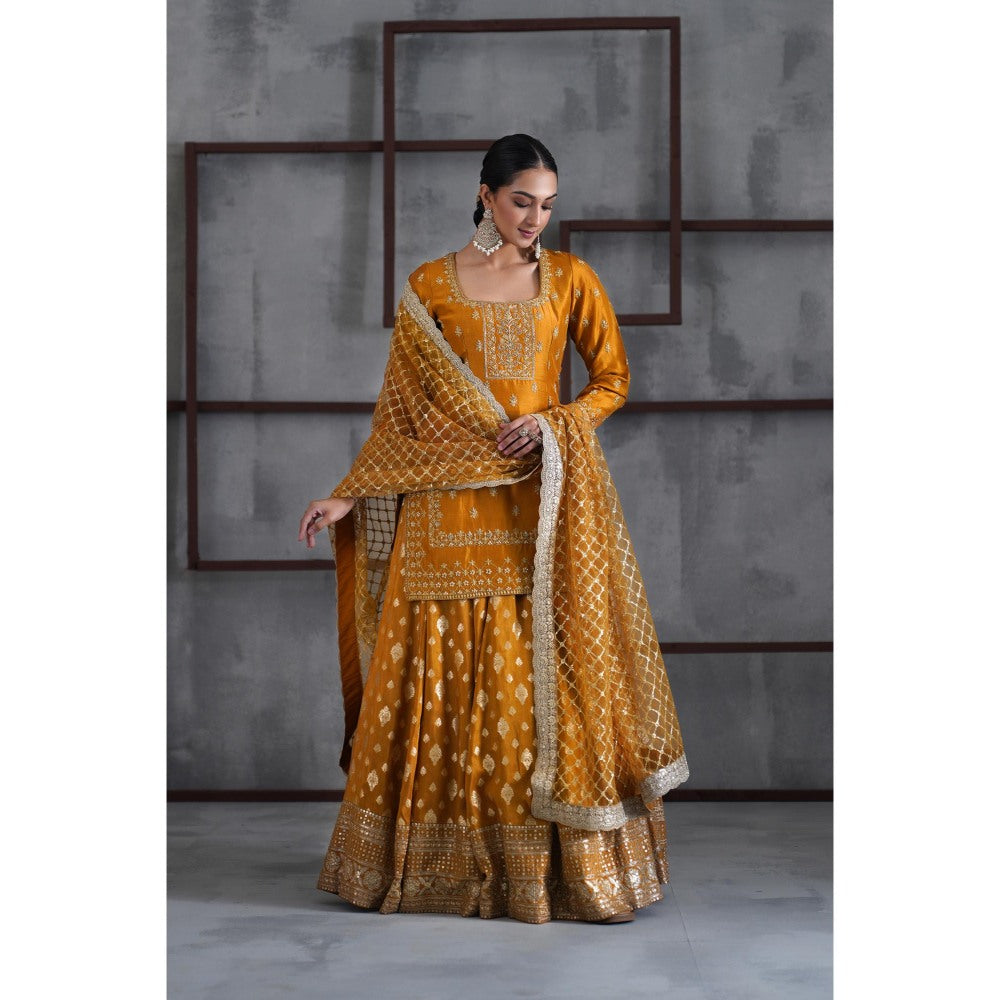 Deepika Chadha Mustard Embroidered Kurti with Lehenga and Dupatta (Set of 3)