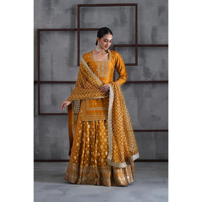 Deepika Chadha Mustard Embroidered Kurti with Lehenga and Dupatta (Set of 3)